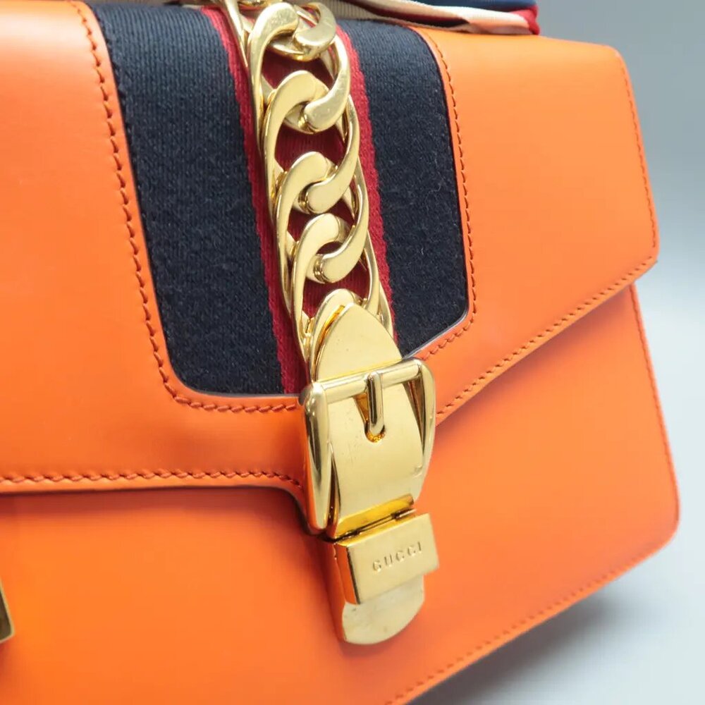 GUCCI Sylvie Orange Leather Shoulder Bag 837-061425 - Picture 8 of 12